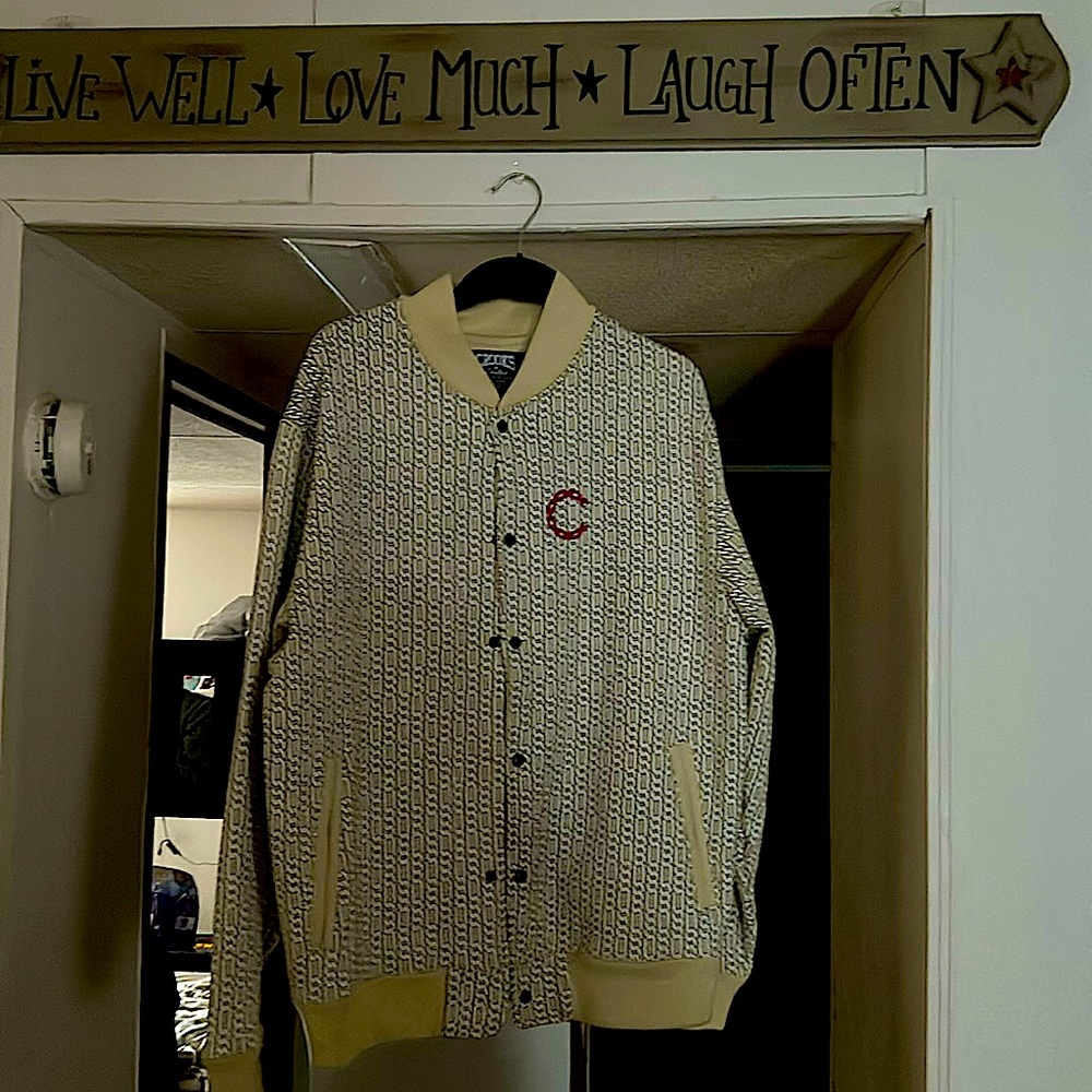 Crooks and Castles, cream and red Men Varsity Heavy duty jacket.